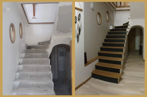 Comparaison avant-après d'une rénovation d'escalier : transformation d'une structure brute en béton en un escalier design avec marches en bois massif et contremarches noir mat, réalisé par Garcia Rénovation à Angers.