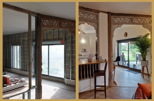 Comparaison avant-après d'un aménagement intérieur avec pose de boiseries sculptées artisanales et création d'un bar de cuisine, réalisé par Garcia Rénovation.