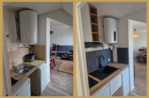 Comparaison avant-après de la rénovation d'un coin cuisine avec plan de travail en bois, évier noir moderne et optimisation des rangements par Garcia Rénovation.