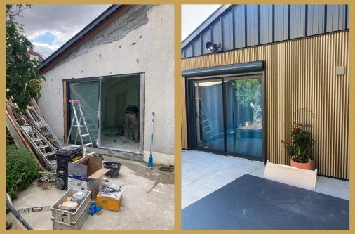 Comparaison avant-après d'une rénovation de façade : passage d'un mur brut en parpaings à un habillage moderne avec bardage bois vertical et finitions anthracite.