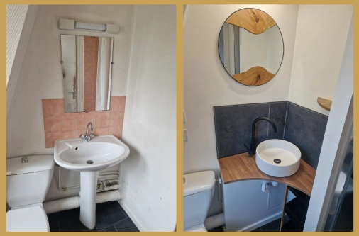 Comparaison avant-après de la rénovation d'un lave-mains : remplacement d'un lavabo colonne par une vasque ronde posée sur un plateau en bois massif avec robinetterie noire et miroir artisanal.