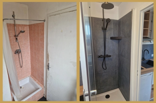 Transformation d'une douche avant-après : remplacement d'un ancien carrelage rose par des panneaux muraux gris ardoise et une colonne de douche noire moderne.