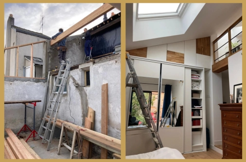 Comparaison avant-après d'une extension de maison : création d'un volume cathédrale avec ossature bois, installation d'un puits de lumière (Velux) et aménagement d'une mezzanine avec bibliothèque sur-mesure.