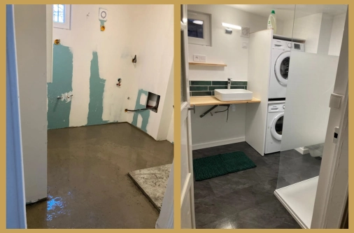 Comparaison avant-après de l'aménagement d'une buanderie : transformation d'une pièce brute en un espace optimisé avec plan de travail en bois, vasque à poser, crédence en carrelage vert et colonne de lavage.