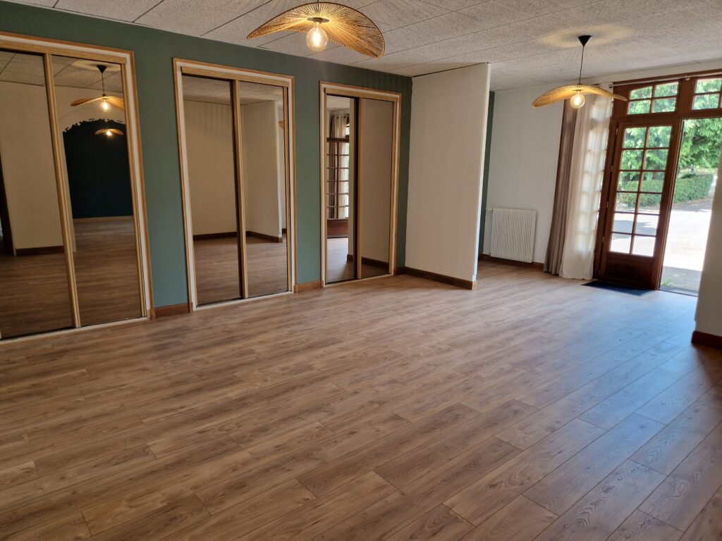 Grande pièce rénovée avec mur vert, placards à portes miroir et parquet, Garcia Rénovation
